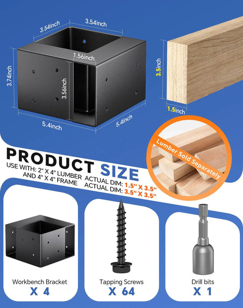 Heavy Duty Steel Workbench Bracket Kit Four Pack With 3 Way Right Angle Corner Brackets And Screws For DIYers And Pros Creating Custom Work Tables And Shelving For 2x4 Wood Actual 1.5 x 3.5 In