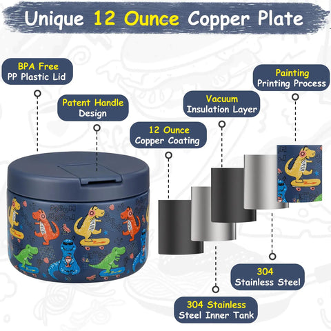 12Oz Insulated Vacuum Food Jar With Buckle Lid For Hot Food Wide Mouth Thermo Lunch Container Leakproof Stainless Steel Kids Lunch Jar Blue Dinosaur Design Ideal For School And On The Go showcasing copper plate and BPA free details.