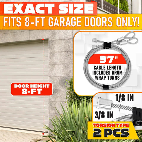 Heavy Duty 304 Steel Galvanized Garage Door Cables For 8 Ft Doors, 9 Ft 7 In Total Length with labeled cable length and torsion type