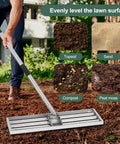 Person using Lawn Leveling Rake With 76 Inch Handle, Stainless Steel Ground Leveler on soil next to topsoil, sand, compost, and peat moss samples