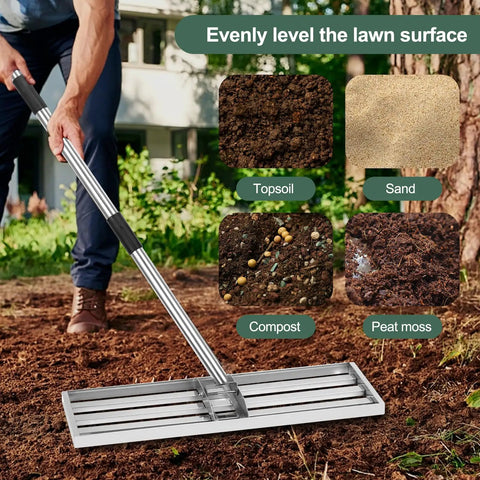 Person using Lawn Leveling Rake With 76 Inch Handle, Stainless Steel Ground Leveler on soil next to topsoil, sand, compost, and peat moss samples