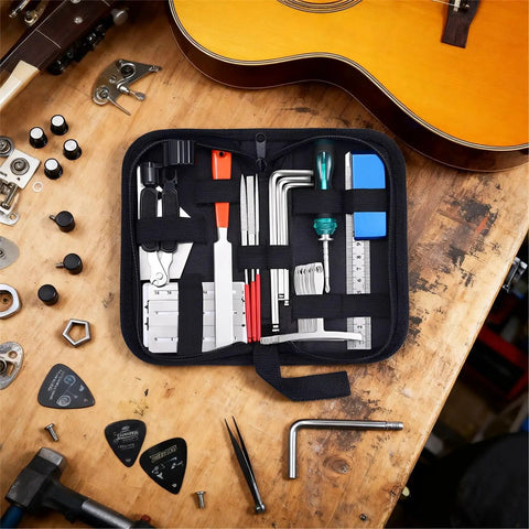 Guitar Setup And Repair Kit 26 Piece Tool Set with Nut Files, String Action Gauge, and Hex Wrenches on wooden table.
