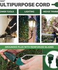 Collage of Green Outdoor Extension Cord 200 Ft 16 Gauge 3 SJTW Weatherproof Heavy Duty Cable for power tools and lighting.