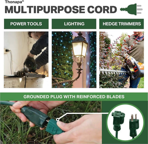 Collage of Green Outdoor Extension Cord 200 Ft 16 Gauge 3 SJTW Weatherproof Heavy Duty Cable for power tools and lighting.