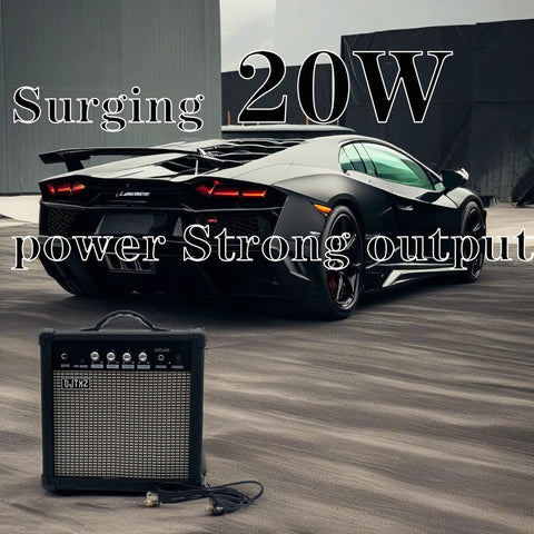 20W Electric Guitar Practice Amp With EQ Controls beside sports car, Portable Orange Black Finish, Gain Bass Treble Volume Knobs visible
