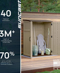 Open Padlock Ready Outdoor Storage Shed Backyard Ready Water Resistant Resin Cabinet For Patio And Garden Gear Cushions And Tools Weatherproof Vertical Design 54 Cu Ft Made In USA with garden tools inside.