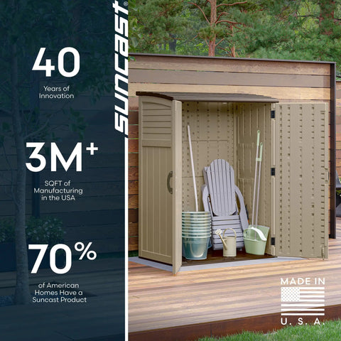 Open Padlock Ready Outdoor Storage Shed Backyard Ready Water Resistant Resin Cabinet For Patio And Garden Gear Cushions And Tools Weatherproof Vertical Design 54 Cu Ft Made In USA with garden tools inside.