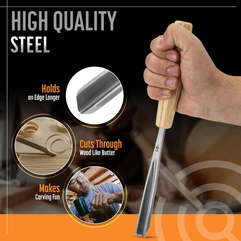 Pro Level Wood Carving Chisel Set Seven Piece Gouges With Cr-V 60 Steel Freakin Sharp Blades shown in hand for detailed carving.