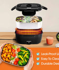 Electric Heated Lunch Box For Adults 100W Portable Food Warmer 1.5L Stainless Steel With 12 24 110V showing layers and heated meal