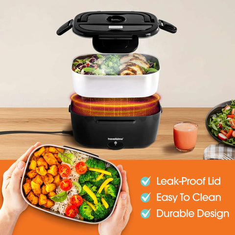 Electric Heated Lunch Box For Adults 100W Portable Food Warmer 1.5L Stainless Steel With 12 24 110V showing layers and heated meal