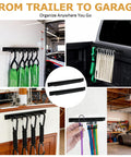 2 Pack Aluminum Tie Down Hanger Wall Mount Organizer for ratchet straps in a trailer, showing various storage uses.