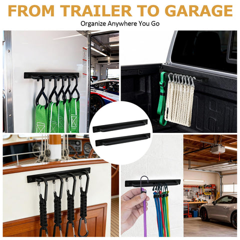 2 Pack Aluminum Tie Down Hanger Wall Mount Organizer for ratchet straps in a trailer, showing various storage uses.