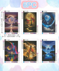 Six Pack Diamond Art Kits For Adults Landscape 5D Diamond Painting Set For Beginners Full Drill Round Gems DIY Home Wall Decor 9.8x13.8 Inch featuring six nature scenes with moons and trees.