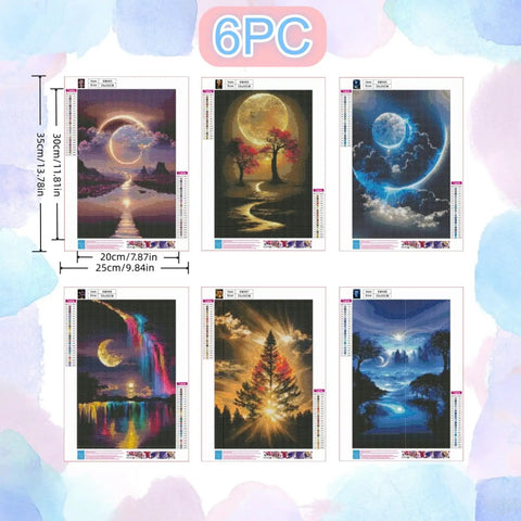 Six Pack Diamond Art Kits For Adults Landscape 5D Diamond Painting Set For Beginners Full Drill Round Gems DIY Home Wall Decor 9.8x13.8 Inch featuring six nature scenes with moons and trees.