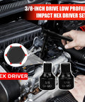 Low Profile 16 Piece Impact Hex Driver Set SAE And Metric Quarter Inch To Three Quarter Inch 6mm To 19mm Cr-Mo Steel Hex Bit Socket Set In Heavy Duty Storage Case For Pro DIY Enthusiasts in use on car engine