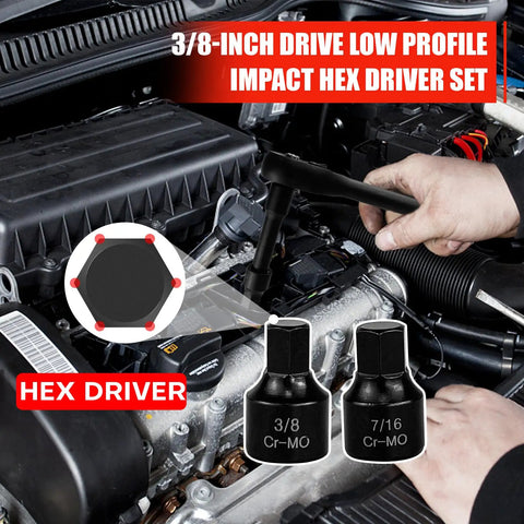 Low Profile 16 Piece Impact Hex Driver Set SAE And Metric Quarter Inch To Three Quarter Inch 6mm To 19mm Cr-Mo Steel Hex Bit Socket Set In Heavy Duty Storage Case For Pro DIY Enthusiasts in use on car engine