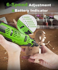 Straight Up Powerhouse 12V Cordless Rotary Tool With Keyless Chuck And Flex Shaft in use for wood carving, showing speed adjustment and battery indicator.