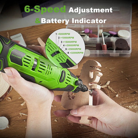 Straight Up Powerhouse 12V Cordless Rotary Tool With Keyless Chuck And Flex Shaft in use for wood carving, showing speed adjustment and battery indicator.