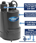 Beefy 2400 GPH Submersible Utility Pump 1/3 HP Thermoplastic With 10 Foot Cord For Water Transfer And Drainage Features