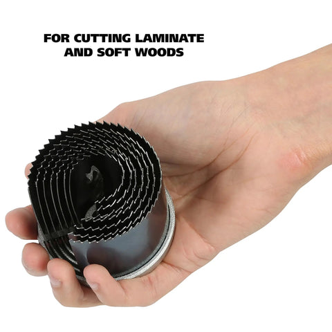 Hand holding Seven In One Hole Saw Kit With One And Three Quarters Inch Depth Includes Seven Diameters From One Inch To Two And A Half Inches