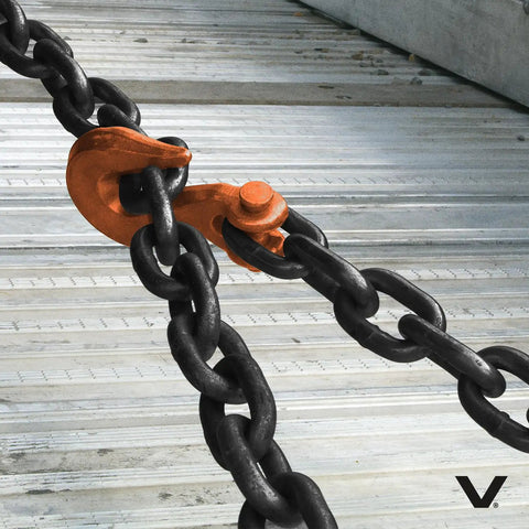 Close-up of Heavy Duty Binder Chain Tie Down with Grab Hooks Grade 80 Three Eighth Inch By Twenty Foot Beefed Up Cargo Tie Down