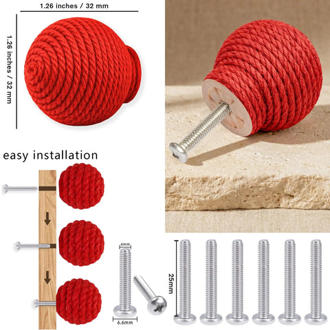 Red jute rope round knob with screws, size 1.26 inches, easy install, similar to 6 Pack Jute Rope Cabinet Knobs Set 1.26 Inch Round Wood Knobs