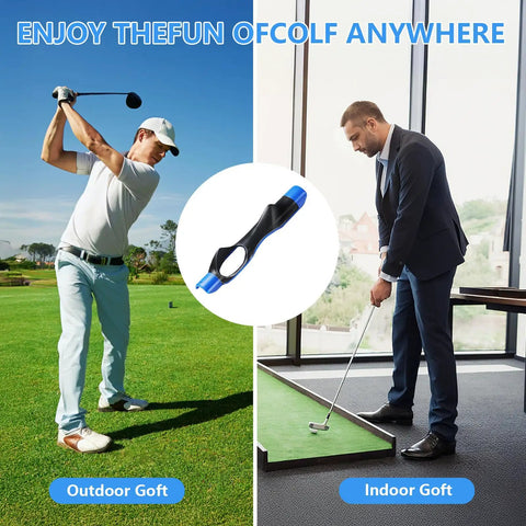 Grip Trainer For Golf Build Grip Strength Improve Swing Accuracy And Train Correct Hand Position For A Consistent Reproducible Swing All Levels Golf Training Aid shown in outdoor and indoor golf settings.
