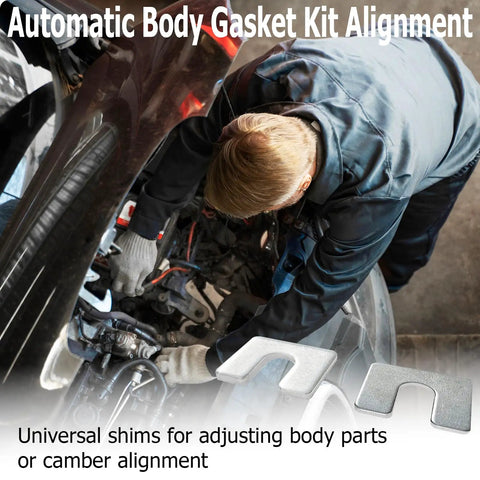 Mechanic using 40 Piece Auto Body Fender Alignment Shim Kit For Precise Fender Gap And Panel Fit Includes One Sixteenth And One Eighth Inch Thick Shims One And One Quarter Inch Wide With Three Eighth Inch Slot For DIYers Auto Body Realignment under car hood