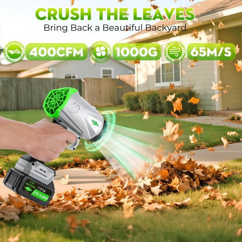 Cordless Leaf Blower With Dual Battery System And Charger, One-Touch Hands-Free Lock For Airflow, clearing leaves on lawn