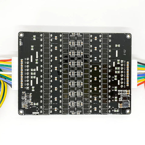 Heavy Duty Battery Active Equalizer Balancer Board For 12S 13S 14S 16S Cells With 5.5 Amps top view with multicolored wires attached.
