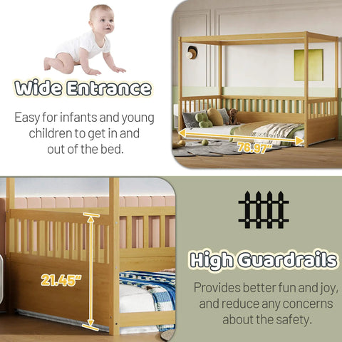 Twin Size Canopy Bed Frame With Four Posters And High Guardrails For Kids Montessori Floor Bed, natural wood with guardrails visible
