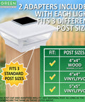 Solar Post Cap Lights for 4X4 and 5X5 Posts Outdoor Waterproof LED Post Lights for Deck and Fence White Finish 8 Pack shown with post size fitting guide