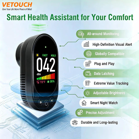 Plug In 3 In 1 Decibel Meter With Temperature And Humidity Reader, black plug-in sound meter on stand with digital display