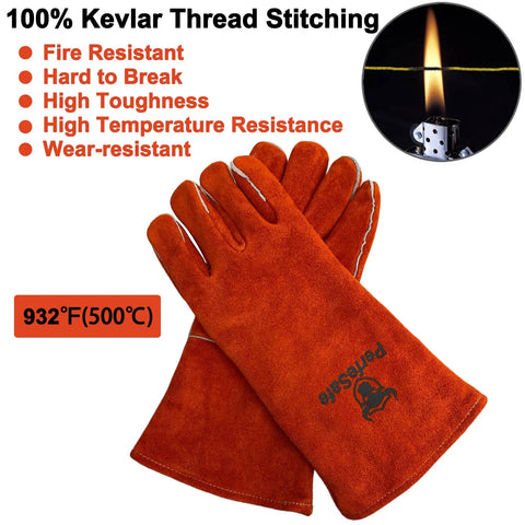 14 Inch 932F Heat Resistant Leather Welding Gloves For TIG MIG And Stick Welding, Heavy Duty Fireproof Mitts