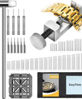 Go To All In One Watch Band Repair Kit With Link Remover And Spring Bar Tools Pro Grade Set arranged with hammer and pins.