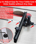 Professional Portable Miter Gauge For Table Saw With 18 Inch Fence And Quick Release Flip Stop, showing adjustable gap feature for stability.