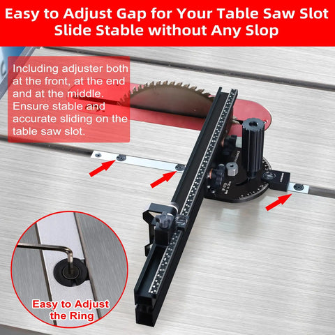 Professional Portable Miter Gauge For Table Saw With 18 Inch Fence And Quick Release Flip Stop, showing adjustable gap feature for stability.