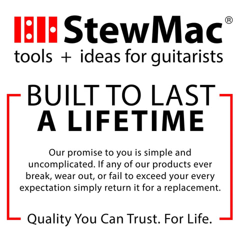 StewMac brand logo with text 'Built to Last a Lifetime', promoting quality for guitar tools and ideas.