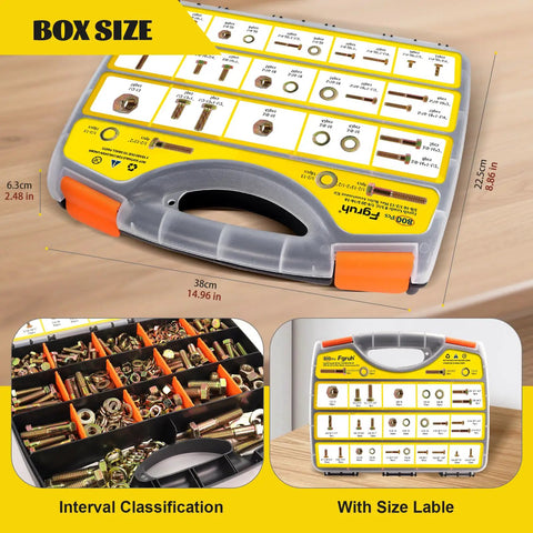 Kickass 800 Piece SAE Hex Bolt And Nut Assortment Kit With Lock Washers in organized storage box with size labels and handles.