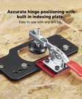 35mm Hinge Jig With Concealed Positioning, Adjustable Pressure Plate And Quick Fix Clips on wooden surface