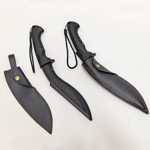 Plastic Practice Knife Set 12 Inch Polypropylene Nepalese Style Tanto Training Blades With PU Sheath Two Pack shown