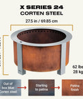 Smokeless Fire Pit For Outdoor Hangouts, 27.5 Inch X Series 24 Corten Steel Backyard Heater showing patina finish and dimensions.