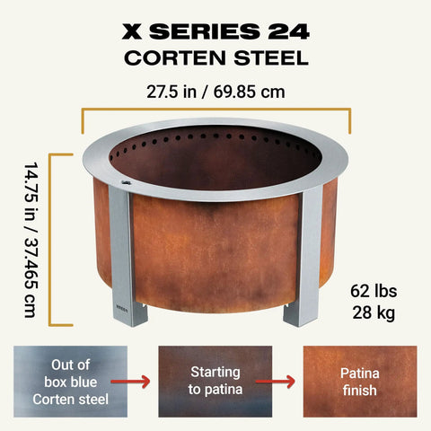 Smokeless Fire Pit For Outdoor Hangouts, 27.5 Inch X Series 24 Corten Steel Backyard Heater showing patina finish and dimensions.