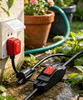 Heavy Duty Premium Weatherproof Extension Cord With 3 Prong Grounded Plug nestled in a garden, rain-soaked plug and outlet.
