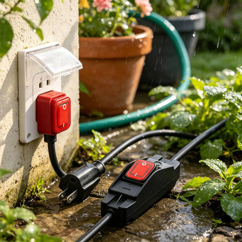 Heavy Duty Premium Weatherproof Extension Cord With 3 Prong Grounded Plug nestled in a garden, rain-soaked plug and outlet.