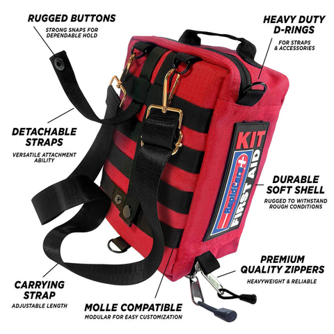 Angled side view of red Rapid Care first aid kit bag with MOLLE-compatible straps and detachable carry strap