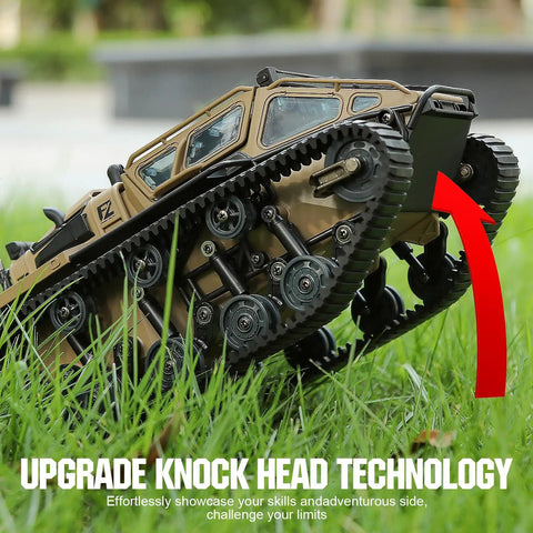 Close-up of RC Military Tank With Bright LED Lights 2 4G Remote Control 1 16 Scale All Terrain Dual Motor Drive in grass