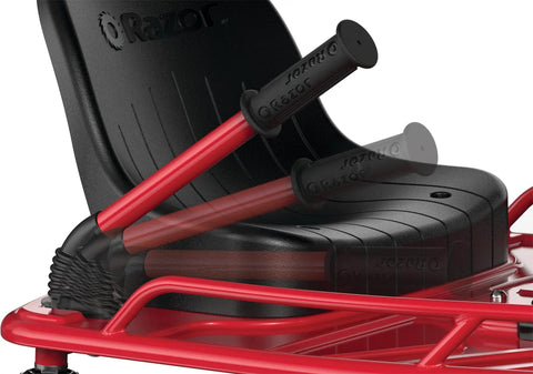 Close-up of black seat and red drift bar on 24V Electric Drifting Go Kart With Drift Bar For Dialed Drifts And Variable Speed Up To 12 MPH