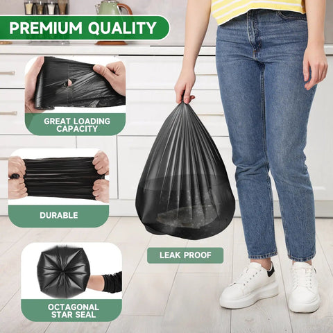 Person holding 2 Gallon Biodegradable Mini Trash Bags Unscented Black Liners For Bathroom Kitchen Office Car Small Waste Baskets 105 Count Compostable Heavy Duty Bulk Pack For Eco Friendly Cleanup showing durability and leak-proof features.