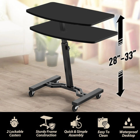 Height Adjustable Laptop Rolling Cart For Ergonomic Workstation Use, Mobile Desk From 28 Inches To 33 Inches, Black Finish